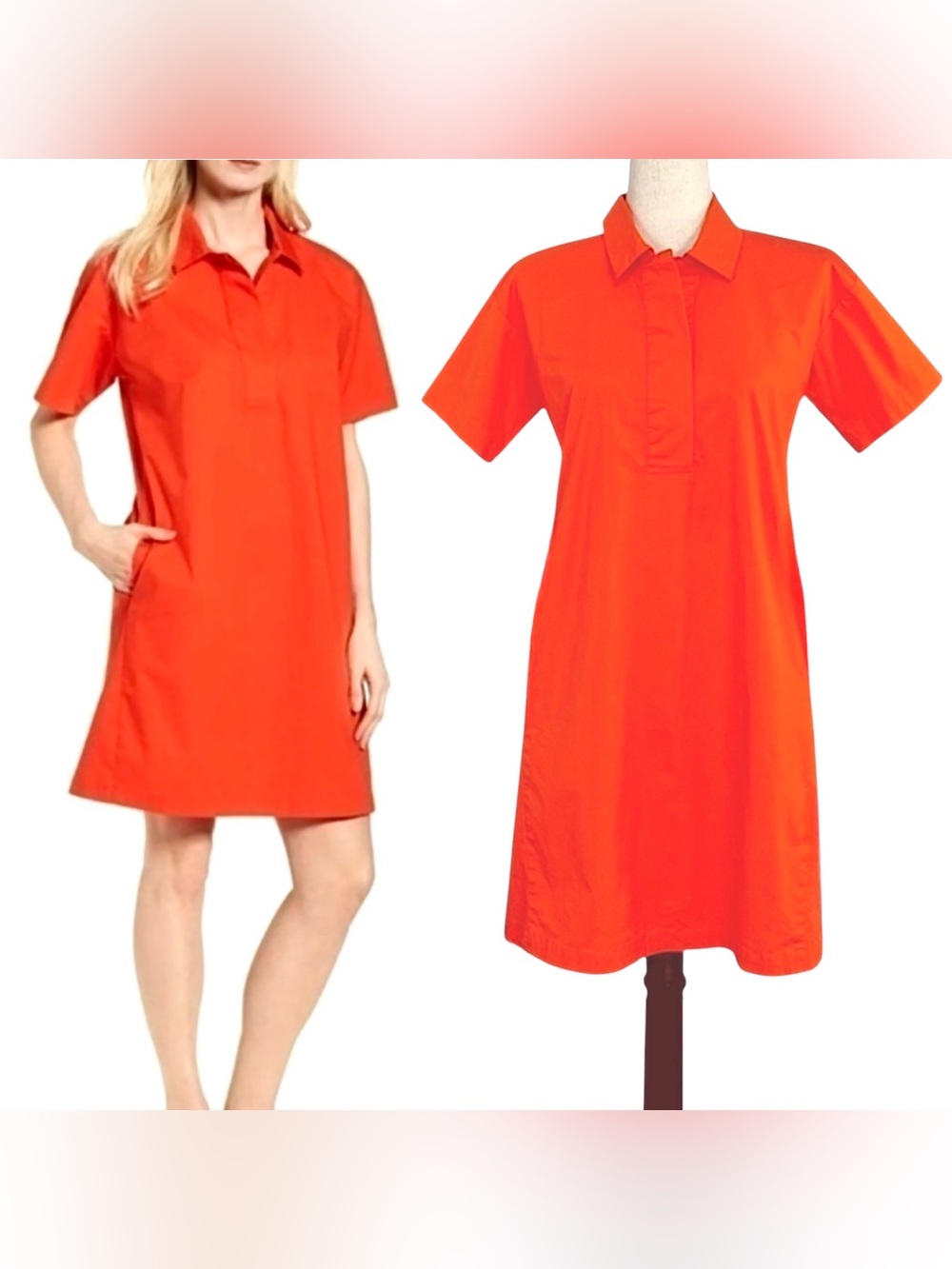 Eileen Fisher Organic Cotton Shirt Dress Coral Orange A-Line Mini Size XXS
